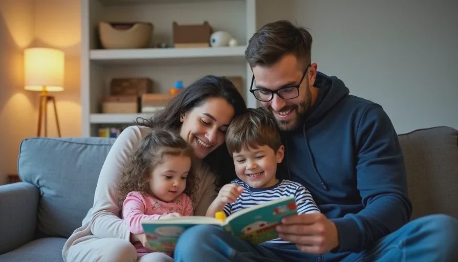 Hannah and Mike reading with Ollie and Mae on the couch, the calm middle ground for toddler developmental milestones