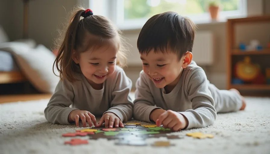 Siblings working on a puzzle together, cognitive toddler developmental milestones in action