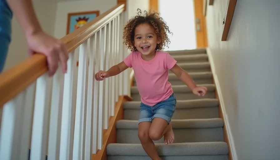 Two-year-old Mae climbing stairs with help nearby, a common toddler developmental milestone