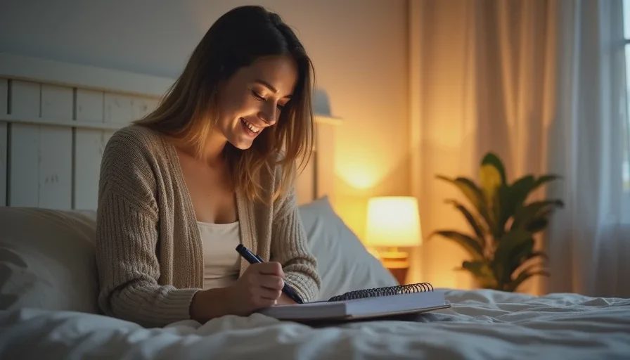Hannah writing her nightly toddler field notebook entry at the bedside lamp