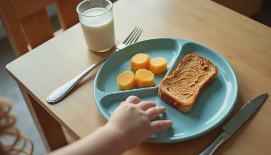 A simple toddler dinner plate with toast, cheese and grapes, one of many toddler meal ideas for difficult evenings
