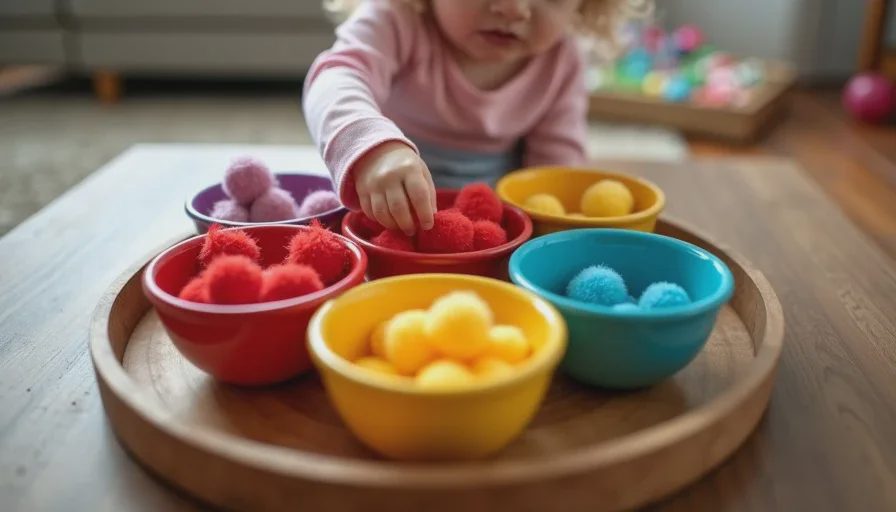 Close-up of a toddler's hands sorting colored pom-poms into bowls, a cognitive toddler activity at home