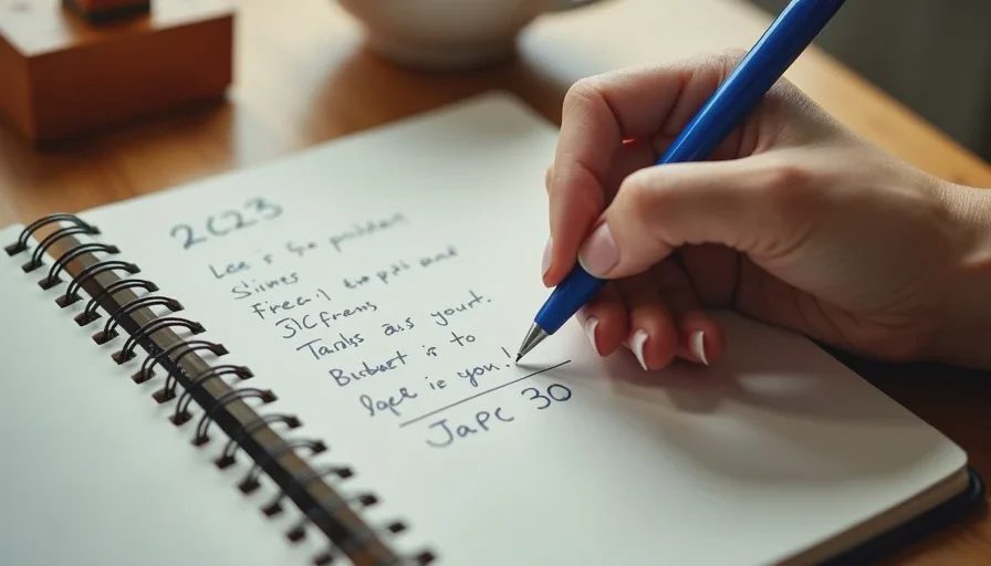 Hand writing in the toddler field notebook with a blue pen each evening
