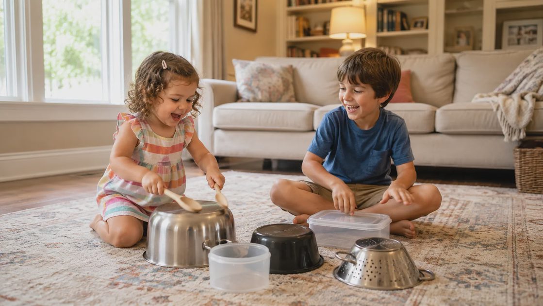 Two kids making music with pots and spoons on the living room floor, a play-based toddler activity at home