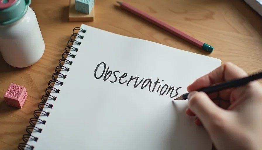 a parent tracking toddler developmental milestones in a notebook at home