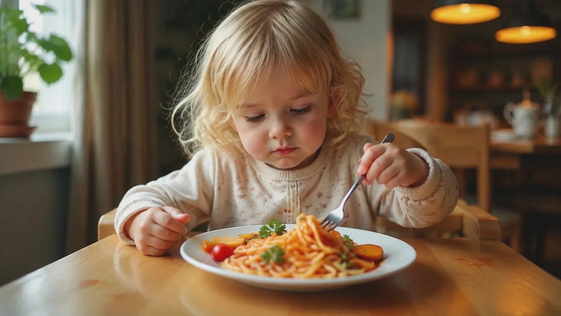 A toddler eating pasta with hidden vegetables and visible cucumber sticks on the side, toddler meal ideas for a picky eater toddler