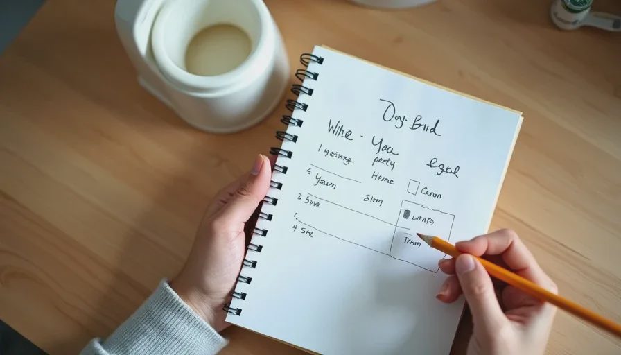 a parent logging signs of potty training readiness in a field notebook at home