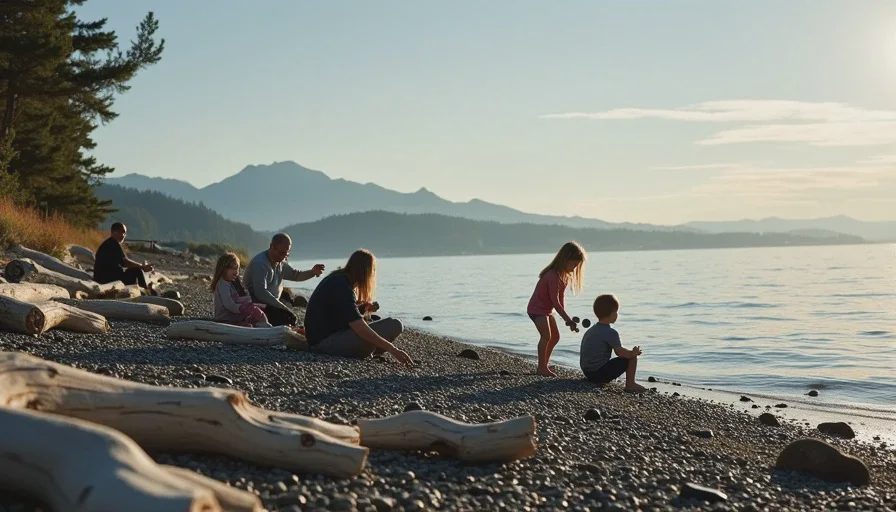 A family resting on a Puget Sound beach with their toddler throwing rocks, outdoor toddler activities at home in Seattle