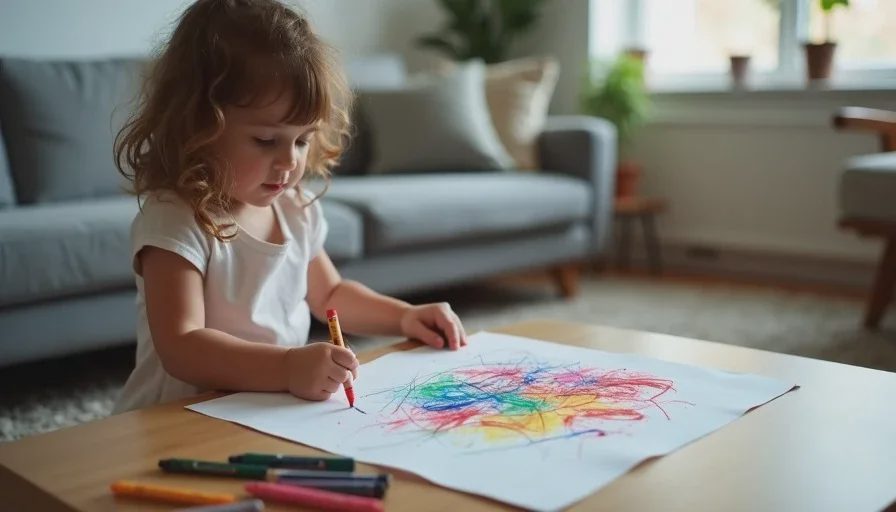 a 2 year old scribbling with crayons during a toddler developmental milestones check
