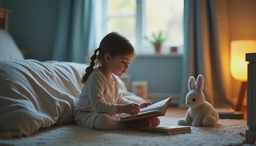 A toddler sitting on a rug with board books during quiet rest time, a strategy for surviving the nap transition gap
