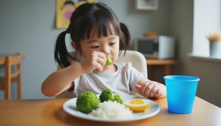 Toddler examining a piece of broccoli before tasting it, patience with a picky eater toddler