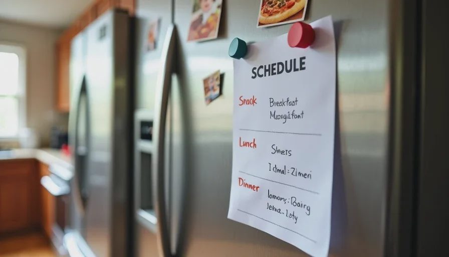a daily meal and snack schedule on the fridge, the backbone of toddler snack ideas that work