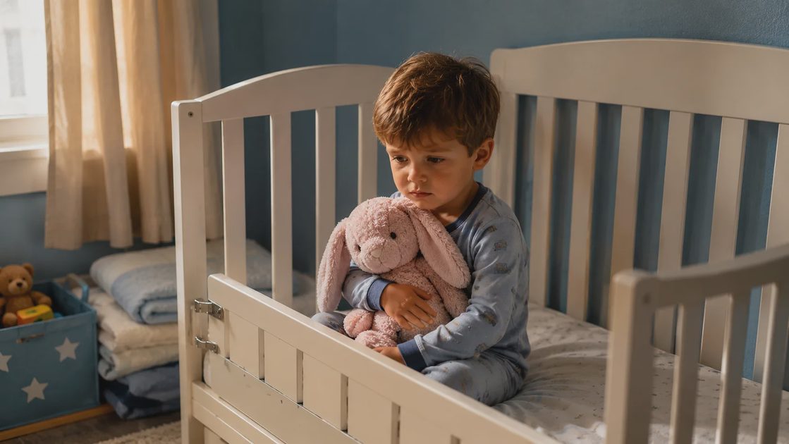 A four-year-old boy sitting in a baby crib holding a stuffed animal, showing big-kid regression during transitioning toddler to big kid bed