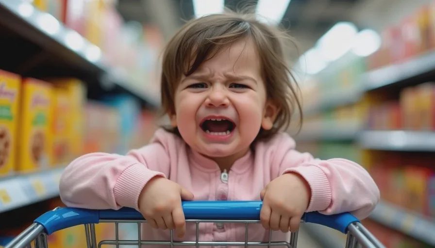 Close-up of a toddler crying in a grocery store cereal aisle, showing the emotional intensity behind how to stop toddler tantrums