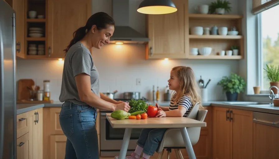 Toddler watching a show while mom preps dinner, a common scene when balancing screen time and toddler activities at home