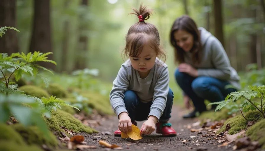 A 2-year-old examining a leaf on a Seattle hiking trail, outdoor toddler activities at home
