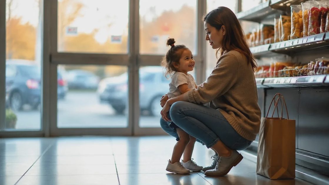 A mom comforting her toddler outside a grocery store after a tantrum, showing what comes after how to stop toddler tantrums
