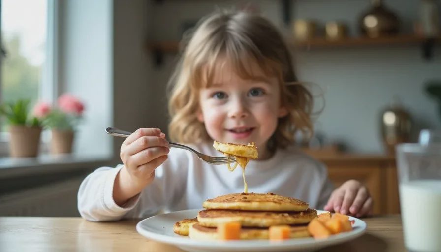a toddler eating banana oat pancakes from our toddler meal ideas rotation