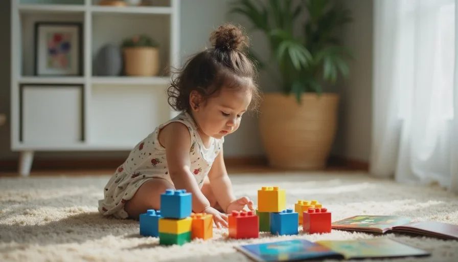 A toddler playing with blocks and books on the floor, screen-free play and toddler activities at home