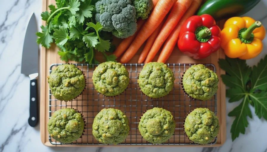 Fresh vegetables and spinach banana muffins on a kitchen counter, toddler meal ideas with hidden vegetables for a picky eater toddler