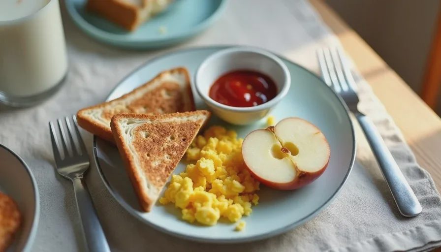 quick toddler meal ideas with toast eggs and apple slices for a picky eater toddler