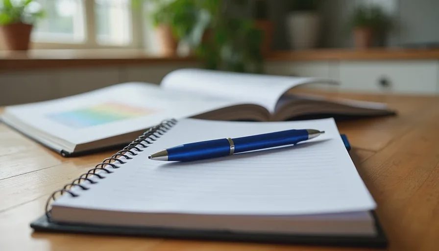 A closed spiral notebook and open developmental milestones chart set aside on a kitchen table