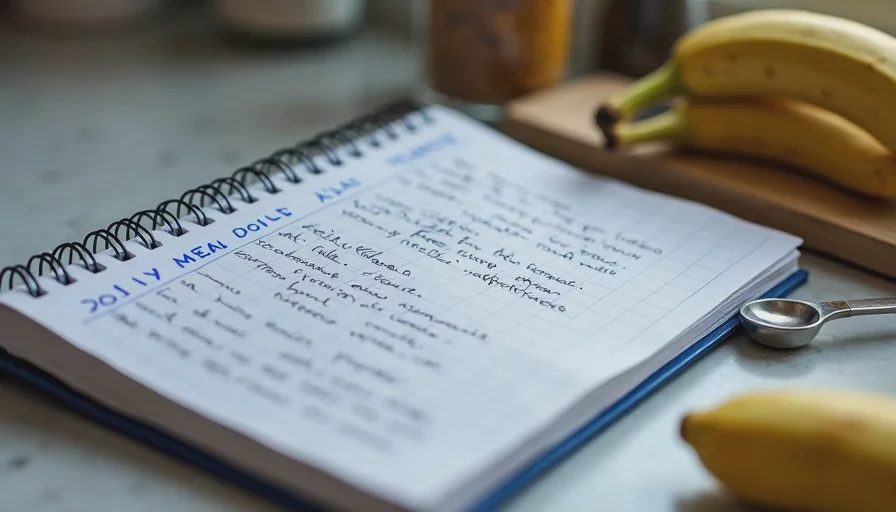 A spiral notebook logging toddler meal ideas and daily food intake on the kitchen counter