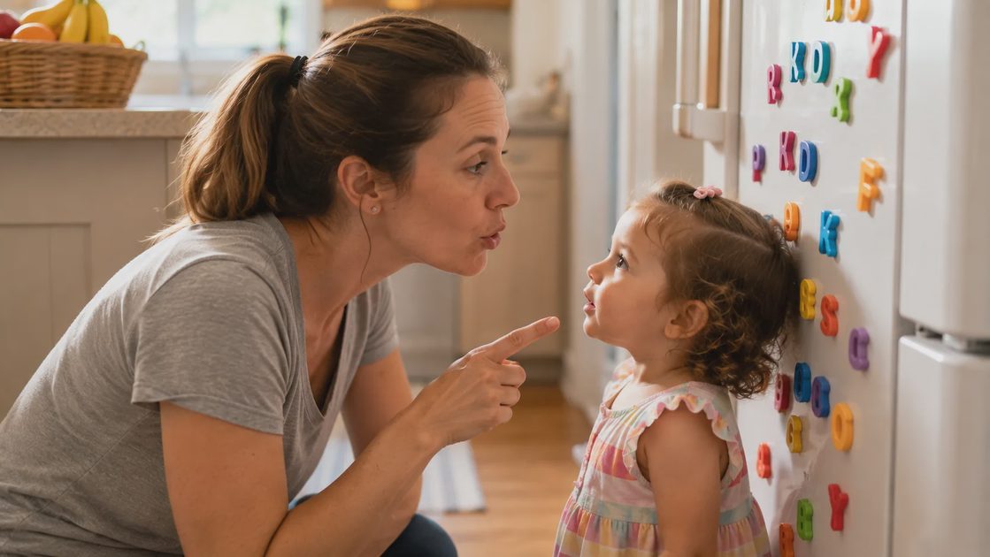 A mother and toddler engaging in face-to-face language interaction, supporting development when concerned about 2 year old not talking