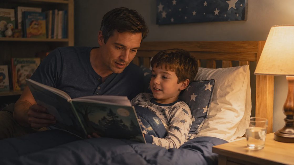 A father reading a bedtime story to his son in a twin bed, part of the routine when transitioning toddler to big kid bed