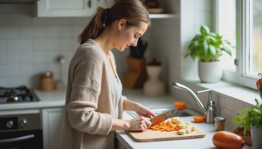 Hannah cutting banana and carrots into toddler-safe pieces for her picky eater toddler
