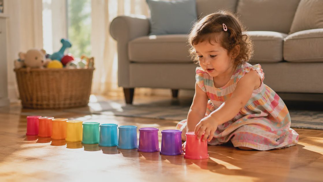 A toddler arranging colorful plastic cups in a line on the floor, a moment of play beyond toddler developmental milestones