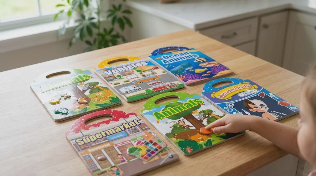 reusable sticker books toddler toys on kitchen table  