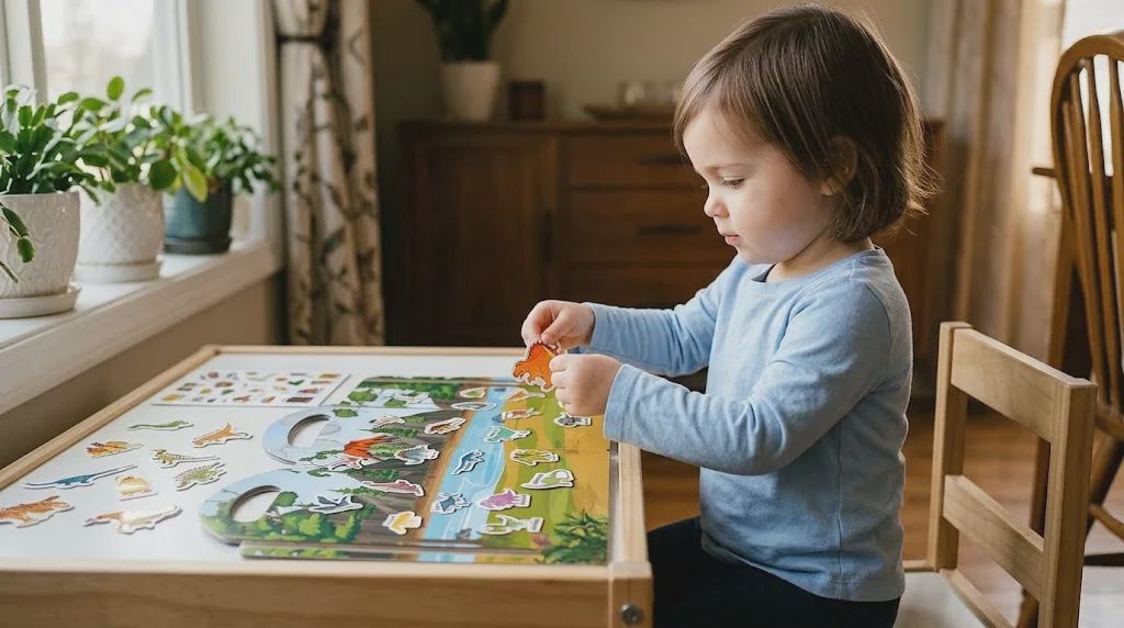 toddler using dinosaur reusable sticker book