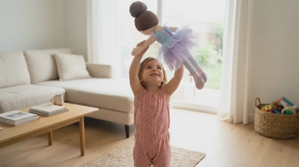 Toddler using a ballerina doll during pretend play at home
