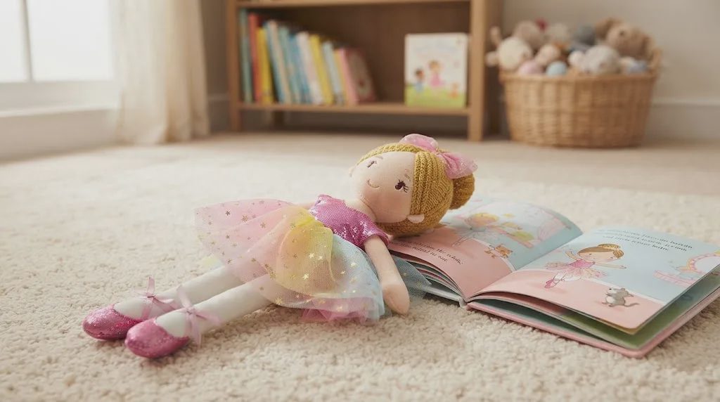 Plush ballerina doll with sewn tutu and yarn hair