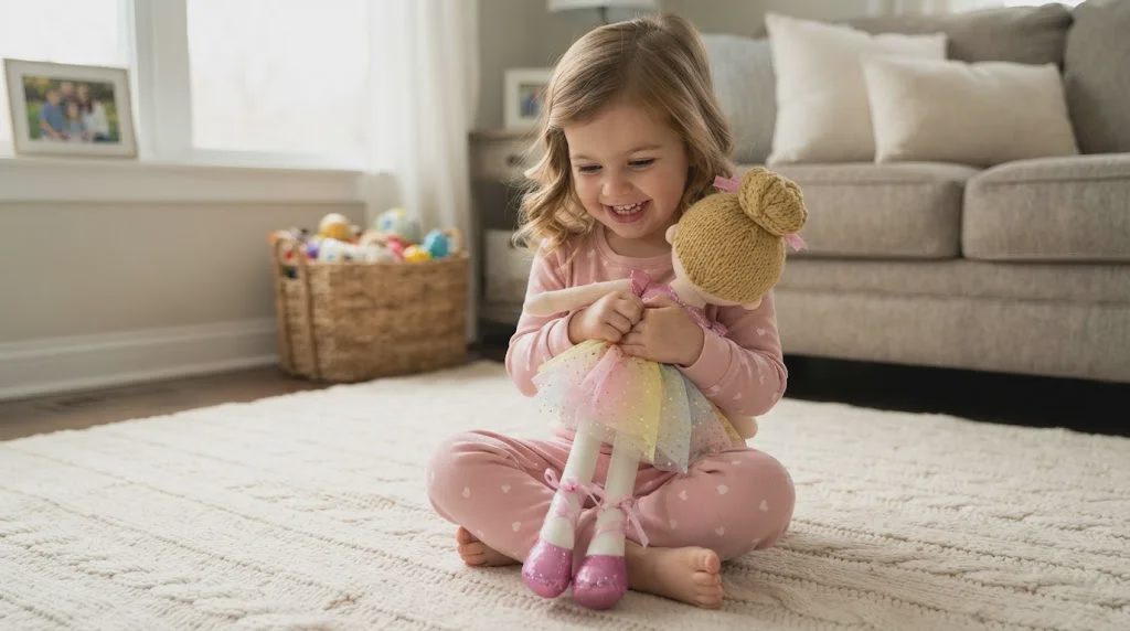 Two-year-old girl holding a ballerina doll during pretend play at home