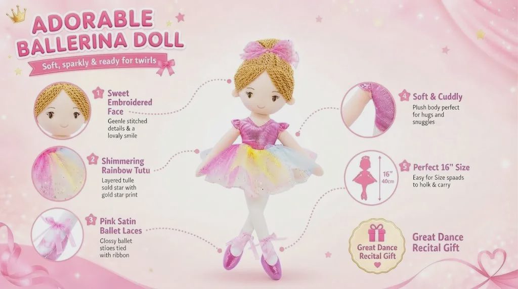 Adorable 16-inch ballerina plush doll in a shimmery rainbow tutu. Perfect dance recital gift.